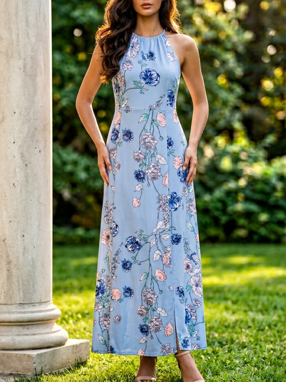 Light Blue Floral Halter Maxi Dress